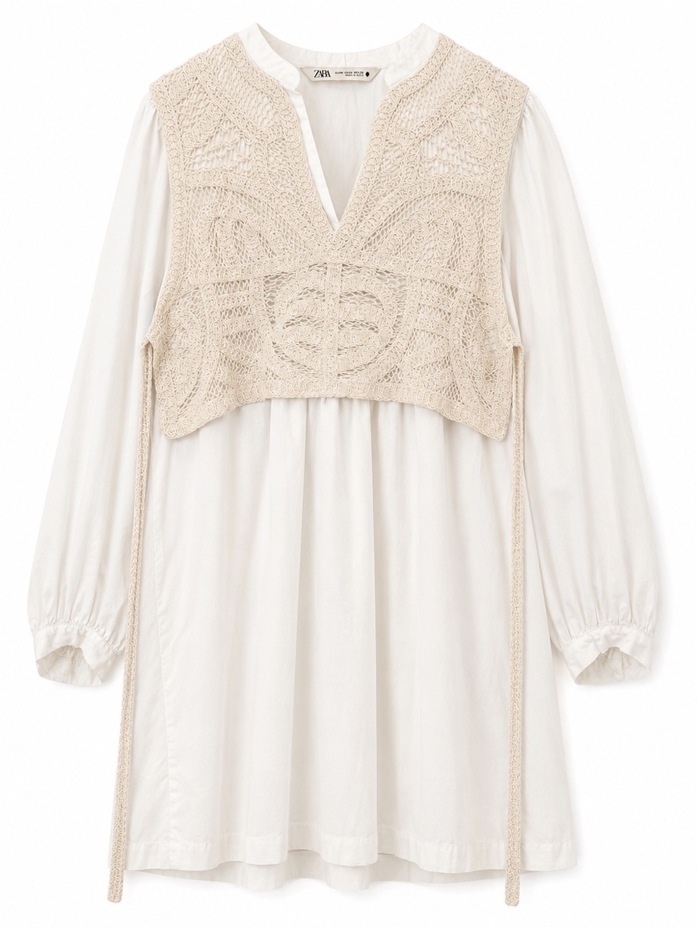 ZARA White Crochet Overlay Mini Dress Side Tie Boho Size M - Picture 2 of 3